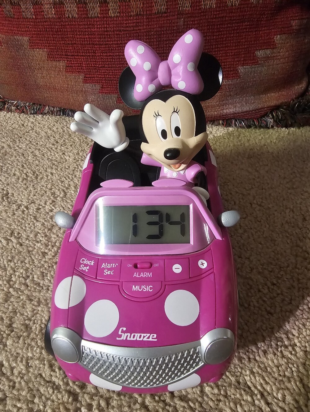 Disney Minnie Mouse Pink/ White Polka Dots Car Alarm Clock With Music/Talking